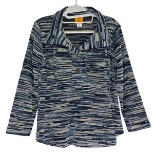 Ruby Rd Petite Striped Sweater Jacket Women PM Blue White Button Up Knit